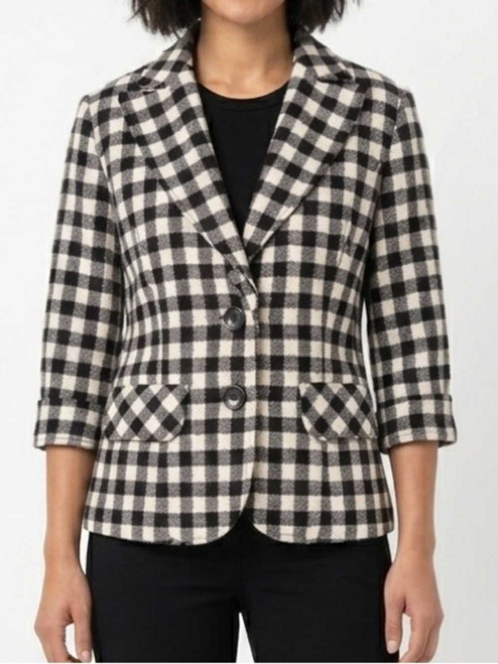 BURLAPP ANTHROPOLOGIE Wool Checker Plaid Blazer Jacket Gingham 3/4 Sleeves Sz 8